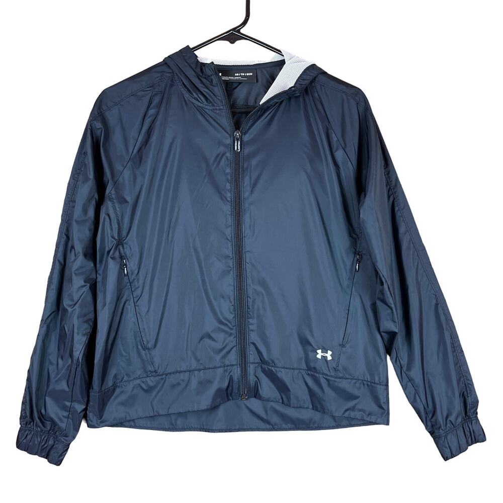 Under Armour Womens Jacket Black Loose Fit Full Zip Hooded Windbreaker Pocket XS